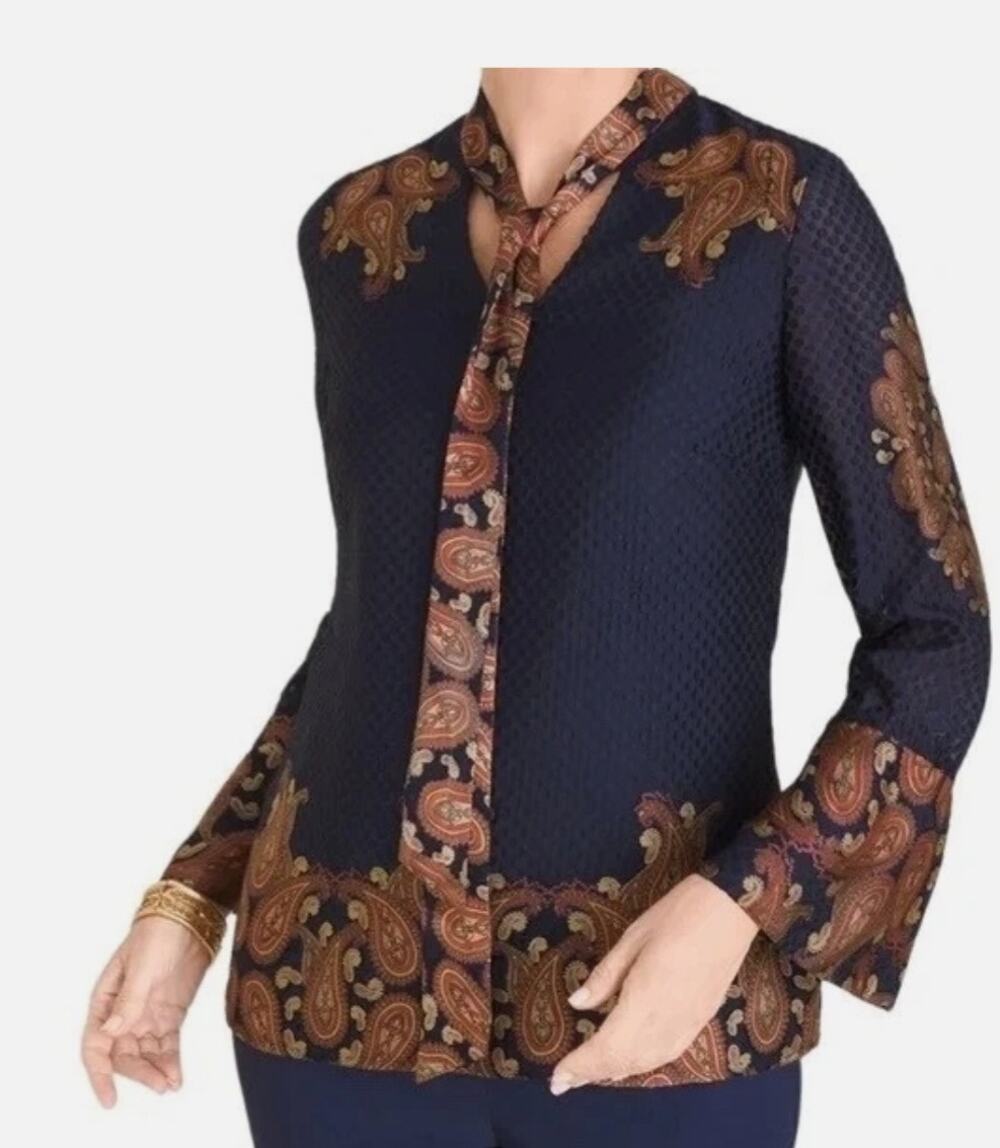 Chico's Navy Blue Paisley Dotted Tied Front Blouse Sz